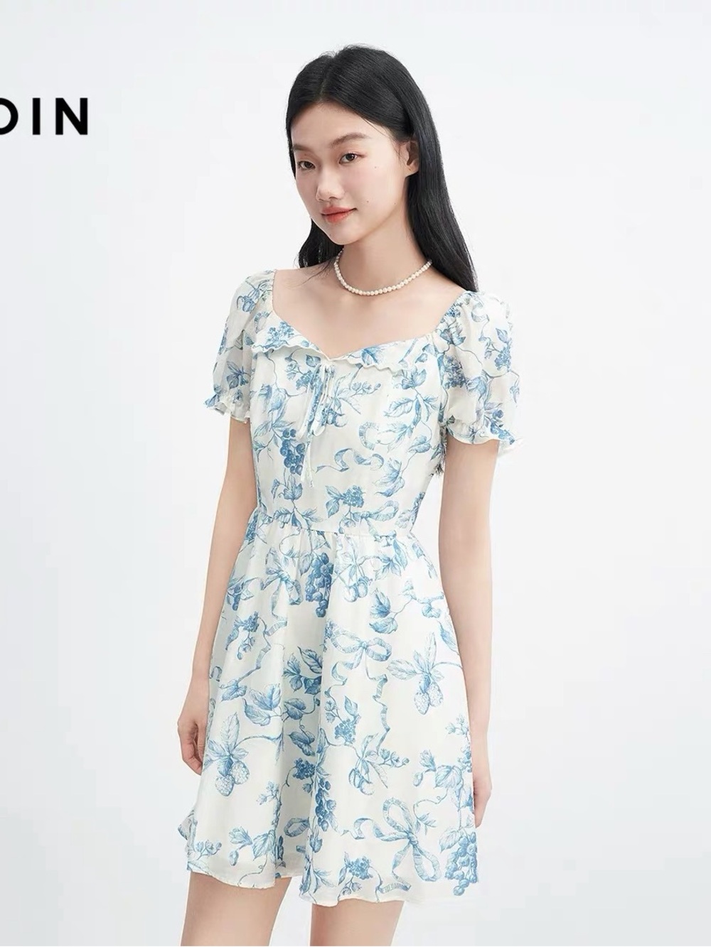 Floral Blue & White Puff Sleeve Mini Dress
